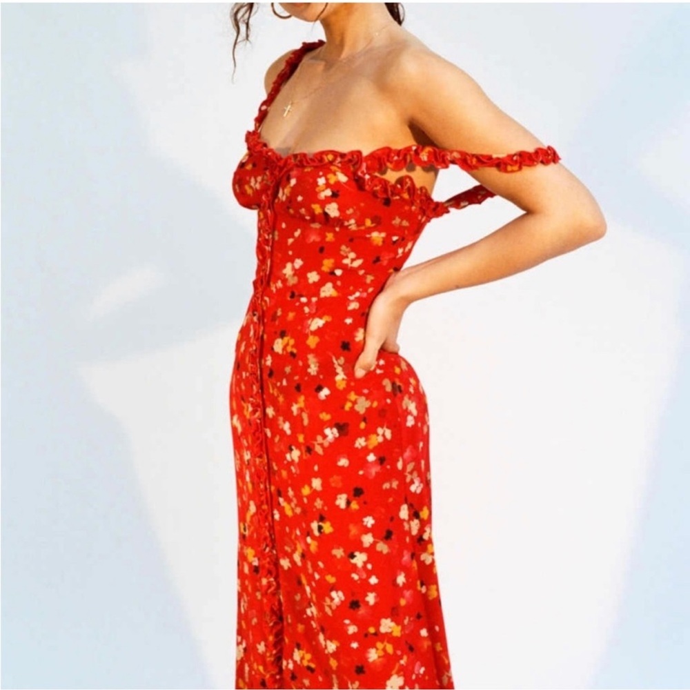 Realisation Par The Juliet Button Front Silk Midi Floral Dress Rouge Fleur - Picture 2 of 12